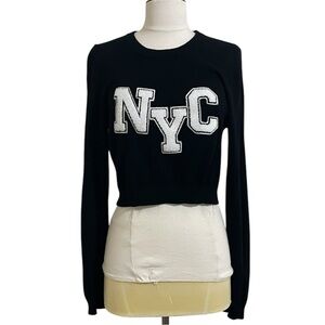 JULIE MOLLO Black Cropped Varsity White Letter NYC Sweater Banded Cuff & Hem